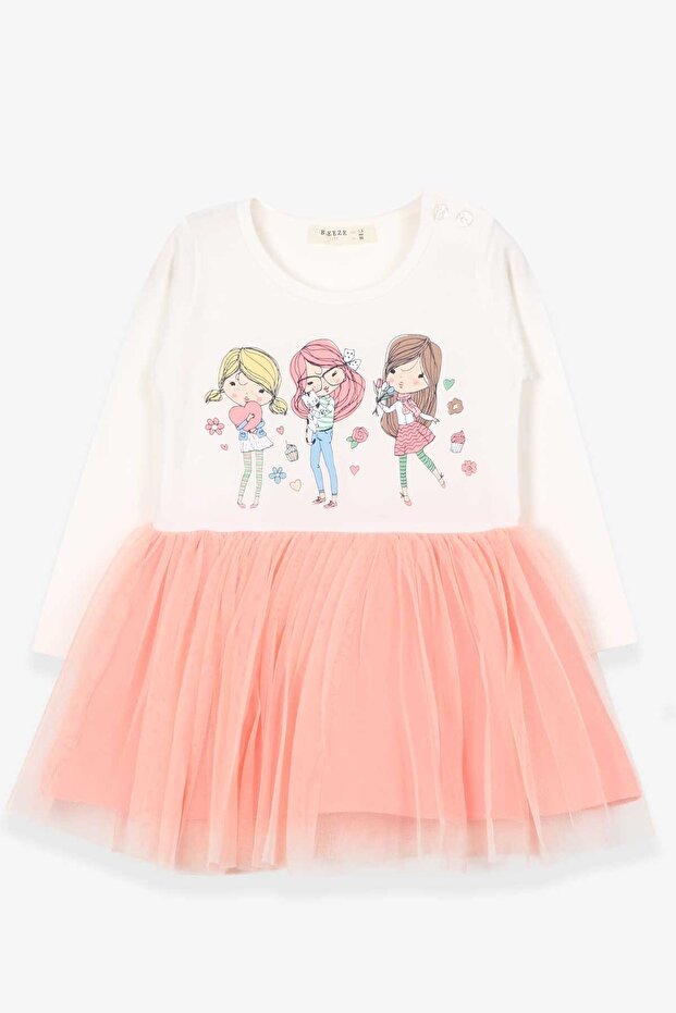 Girl's Long Sleeve Dress Printed 1.5-5 Years, Ecru