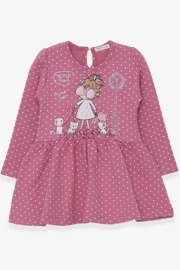 Girl's Long Sleeve Dress Glittery Printed Girl with Glasses 1-4 Years, Dusty Rose