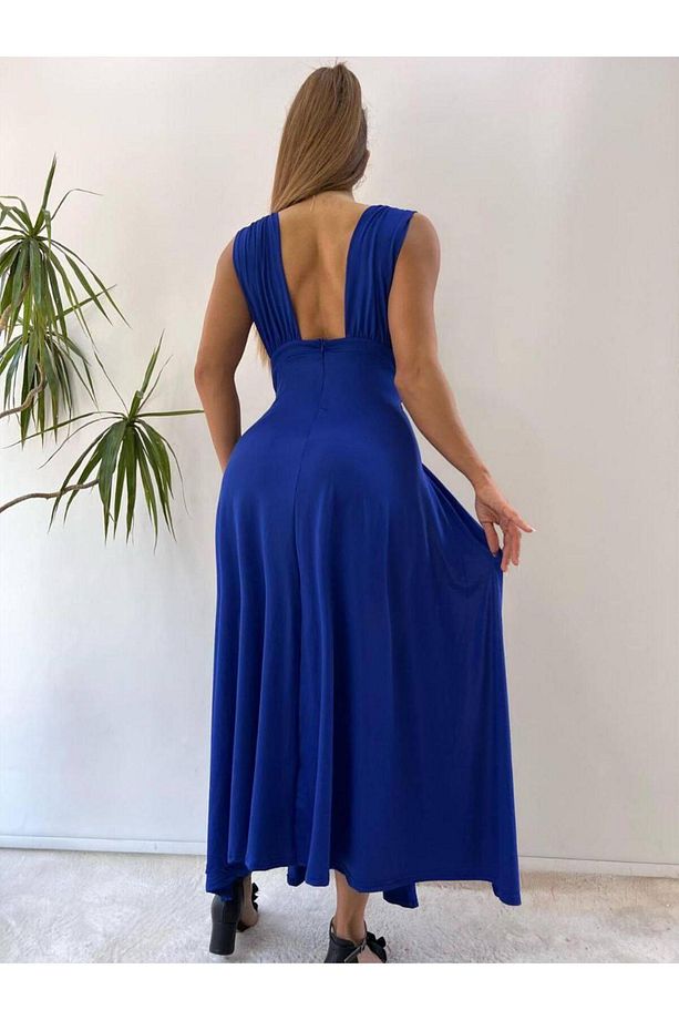 Saks Mavi Sarı Mikro Kumaş Derin V Yaka Çift Yırtmaçlı Dantelli Elbise - 5