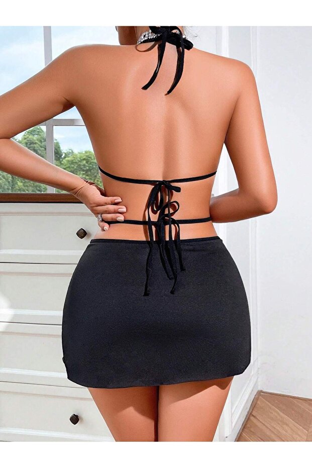 Taş Aksesuarlı Mini Dantelli Biyeli Elbise - 4