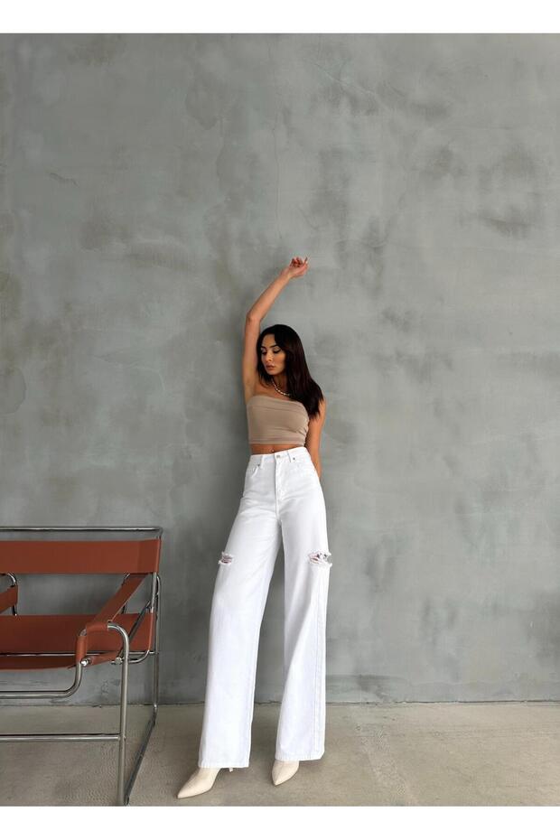 ZEO BASİC BEYAZ BAGGY PANTOLON DENİM KUMAŞ YANLARDAN LAZERLİ - 5