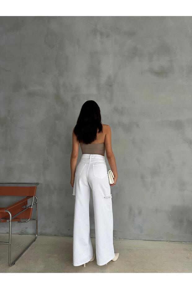 ZEO BASİC BEYAZ BAGGY PANTOLON DENİM KUMAŞ YANLARDAN LAZERLİ - 7