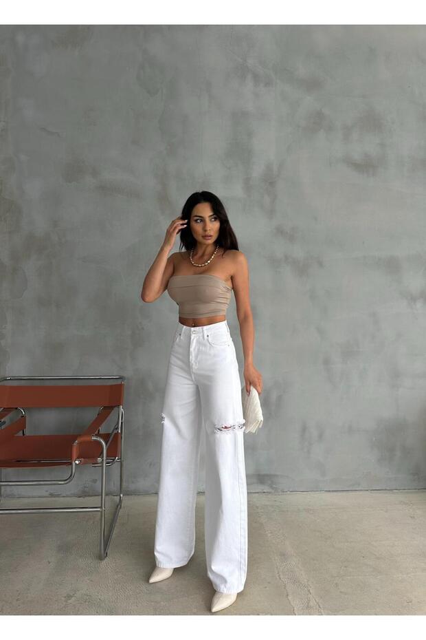 ZEO BASİC BEYAZ BAGGY PANTOLON DENİM KUMAŞ YANLARDAN LAZERLİ - 1