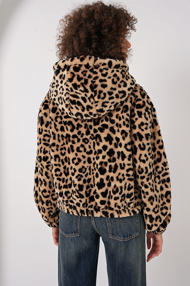 5193 Kapüşonlu Peluş Crop Ceket - C. Kahverengi - 7