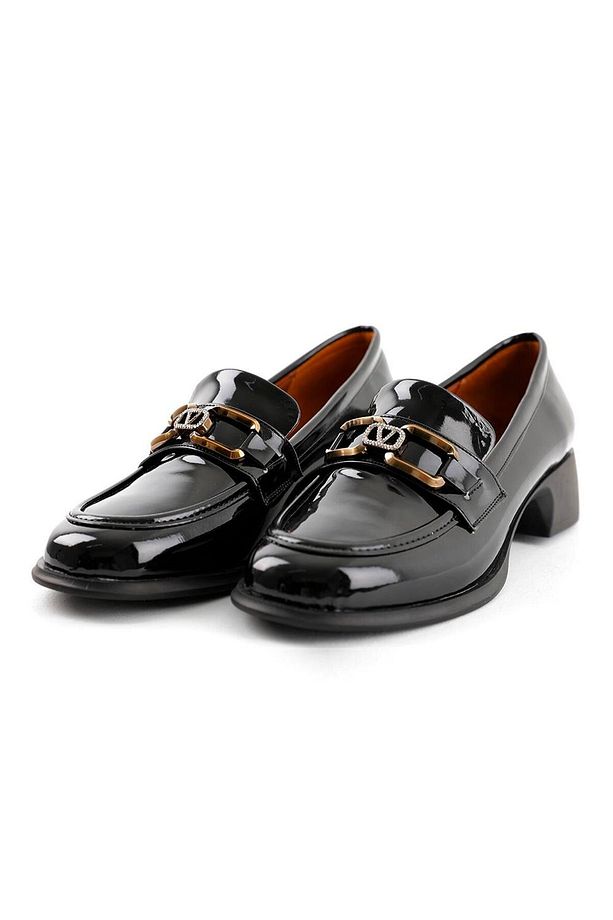 Kadın Siyah Taşlı V Tokalı Rugan Loafer Ayakkabı 4cm Byndkp1014 - 9