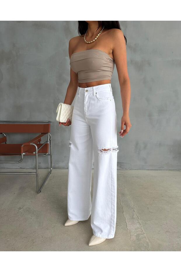 ZEO BASİC BEYAZ BAGGY PANTOLON DENİM KUMAŞ YANLARDAN LAZERLİ - 8