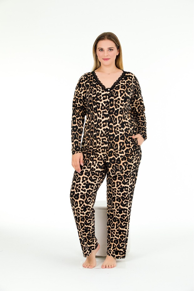 V-Neck Buttoned Leopard Print Oversize Long Sleeve Women's Pajamas Set