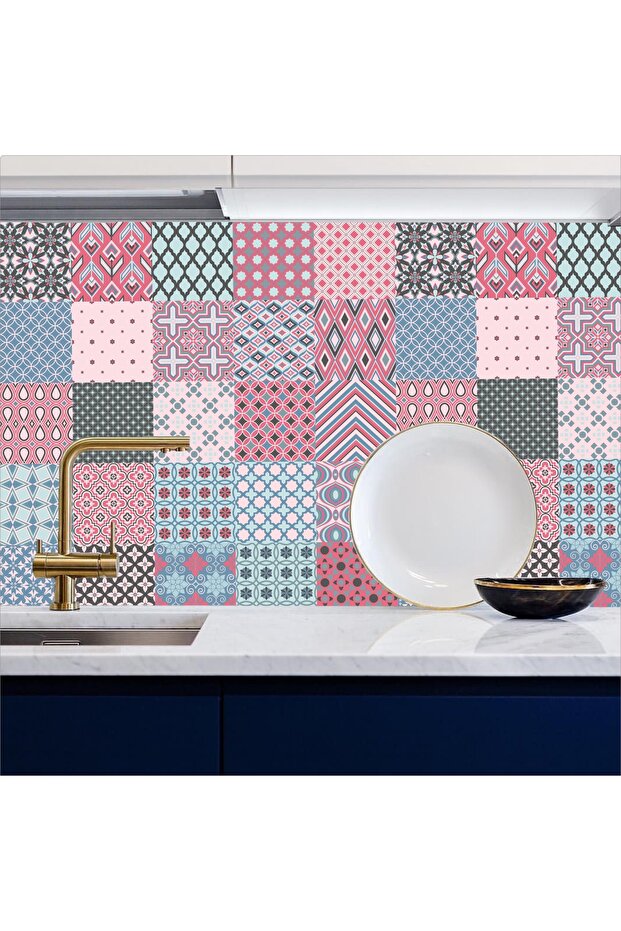 Mutfak Tezgah Arası Kendinden Yapışkanlı Folyo Kaplama Pembe Mavi 60cmx100cm - 1