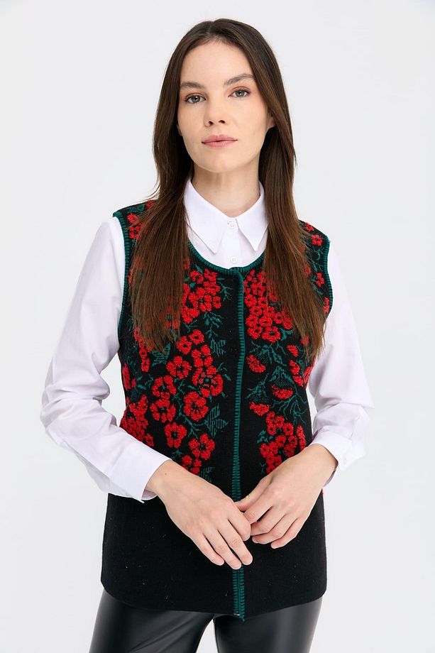 Kadın Sıfır Yaka Pıtırcık Çiçekli Yün Yelek Siyah - 2