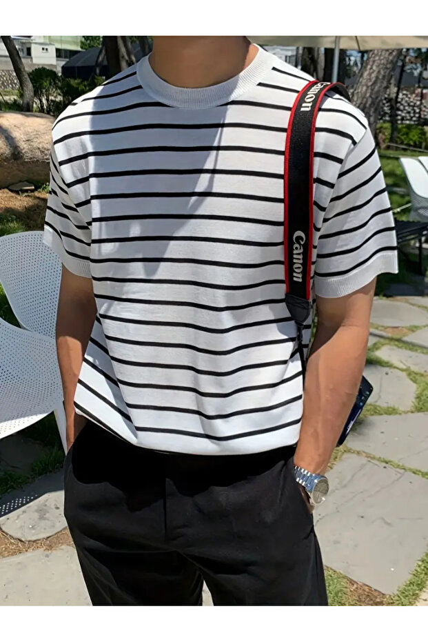 Men's Matte White Short Sleeve Ribbed Acrylic-Cotton Blend Knitwear T-Shirt