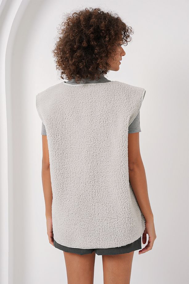 6803 Cepli Peluş Yelek - Gri - 6