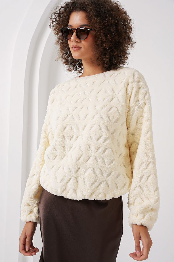 55445 Peluş Kazak - Ekru - 4