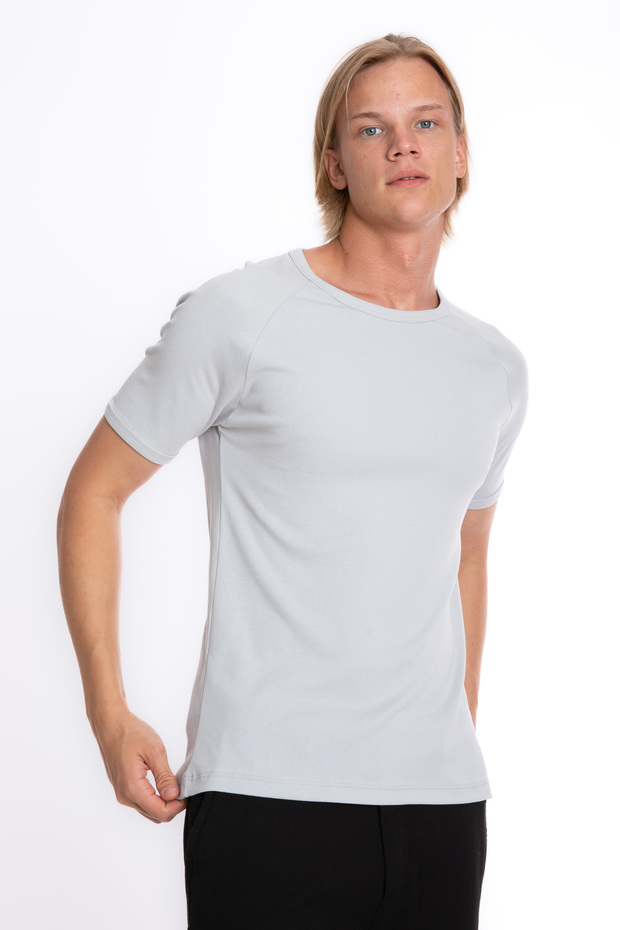Men's Slim Fit Grey %100 Cotton Crew Neck Rib Knit Raglan Sleeve T-Shirt S-201