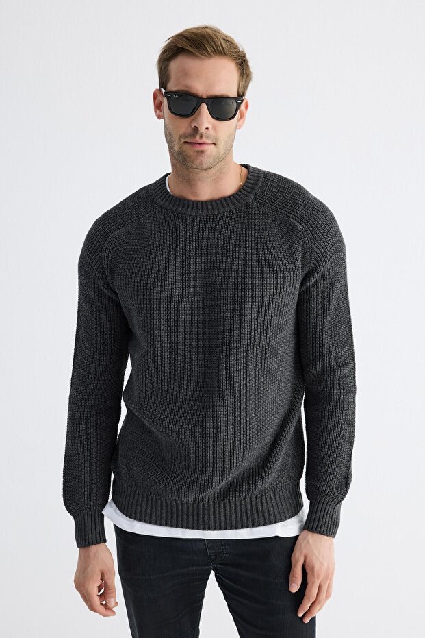 Crew Neck Thessaloniki Knitted Cotton Men's Anthracite Knitwear Sweater