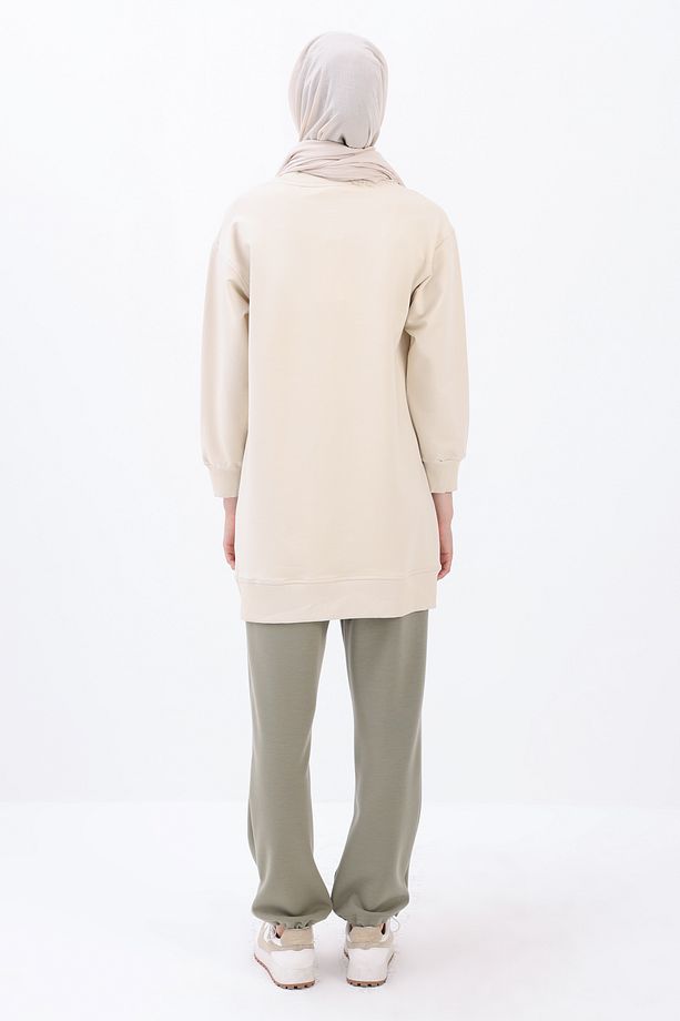 Ekru Aplike Nakışlı Sweat Tunik - 4