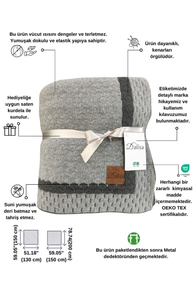 Shell Çift Taraflı Triko Örgü Yatak Örtüsü, Koltuk Örtüsü Gri - 150 X 200 - 3