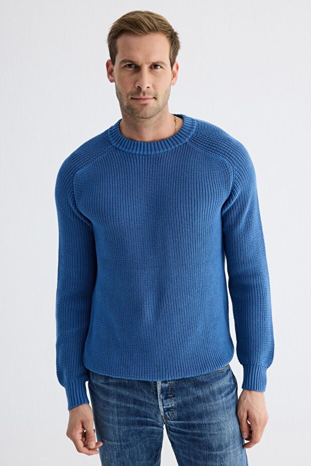 Crew Neck Thessaloniki Knitted Cotton Men's Blue Knitwear Sweater