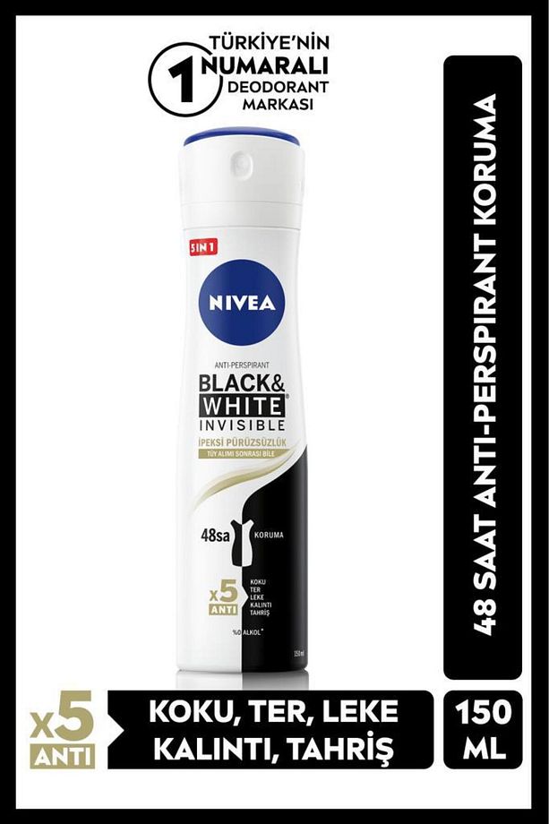 Kadın Sprey Deodorant Black White Invisible 150ml, Ter Ve Ter Kokusuna Karşı 48 Saat Etkili - 1