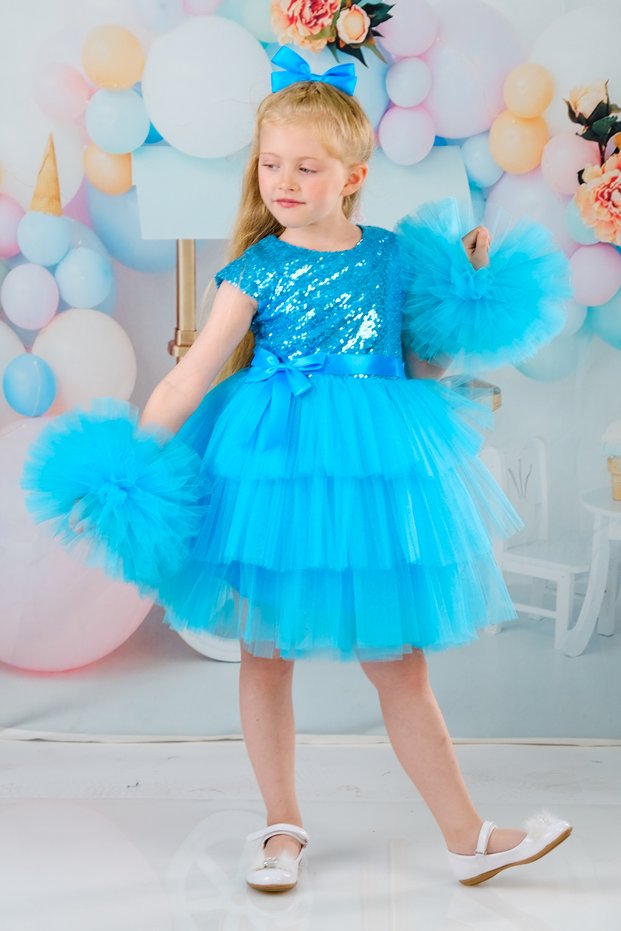 Girl's Pompom Sleeves Buckle Evening Dress Birthday Dress