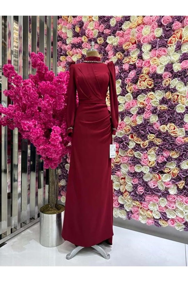 24Y4763 Evening Dress Collar and Sleeves Stone Embroidered - - 24Y4763 - Claret Red - 44