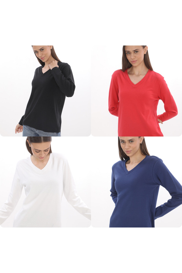 WOMEN'S V-NECK BASIC INTERLOK LONG SLEEVE TEE WHITE-BLACK-RED-DARK BLUE SET OF 4 S-112MIX