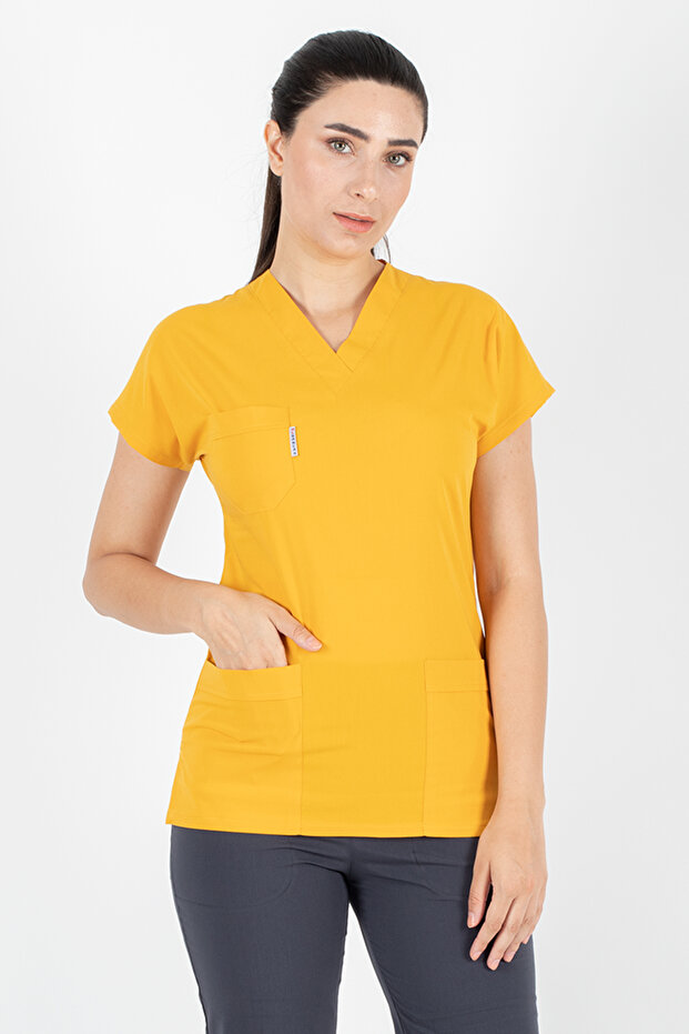 Mustard/Anthracite Lycra Thin Fabric Scrubs Doctor Nurse Jersey Bat Sleeve Surgical Suit