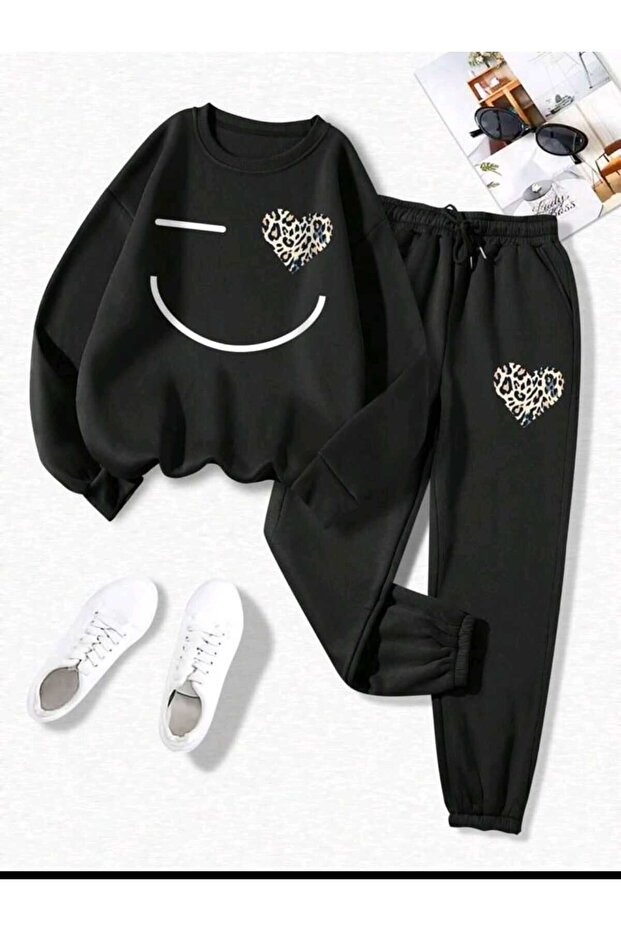 Crew Neck Printed Bottom Top Women's Set Oversize Tracksuit Boyfirend