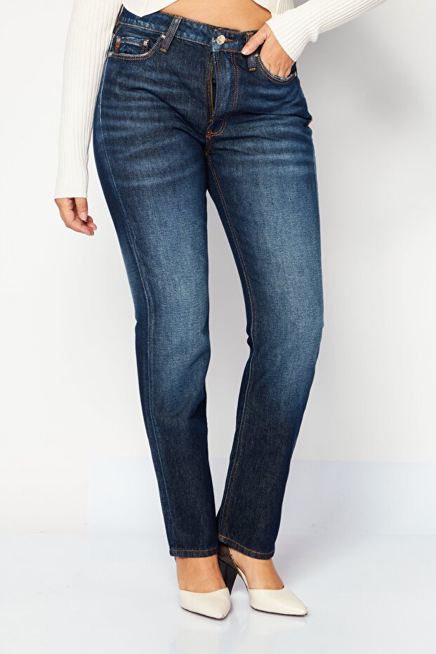 Women Straight Fit High Waist Washed Non-Stretchable Denim, Dark Blue