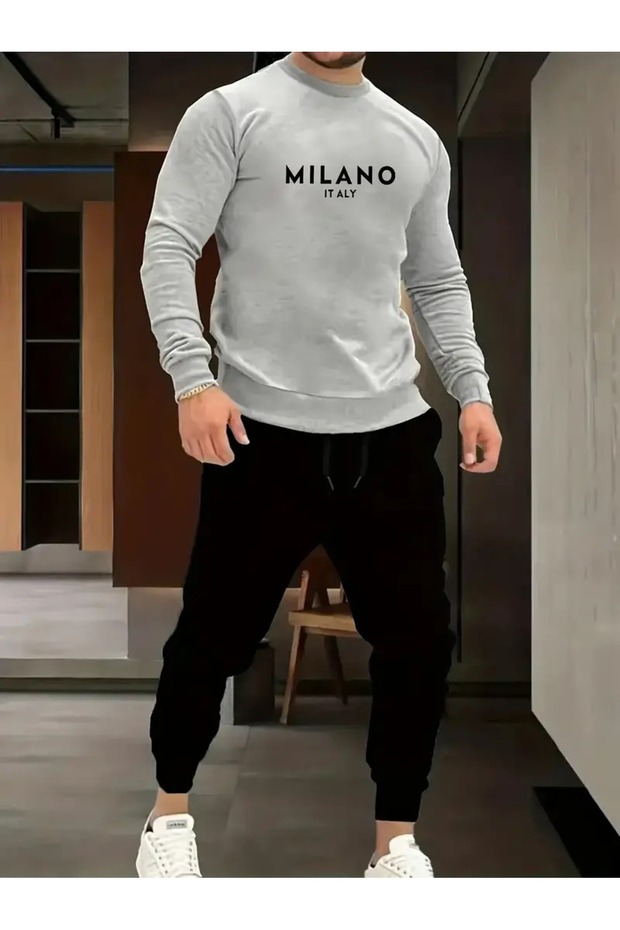 Men's Crew Neck Milano Printed Top and Bottom Black Tracksuit Set Oversize Unisex Boyfirend