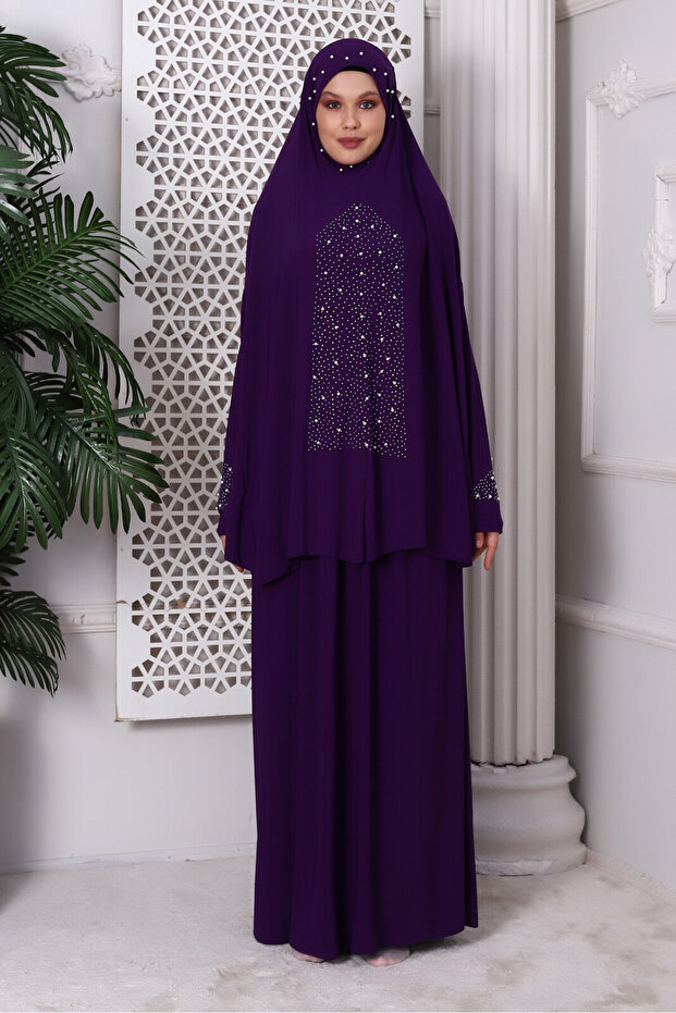 Purple Two Pieces Rhinestone Practical Prayer Dress - 8017