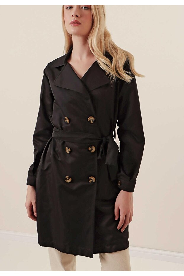 Women's Black Double Breasted Collar Belted Button Detailed Premium Long Trench Coat