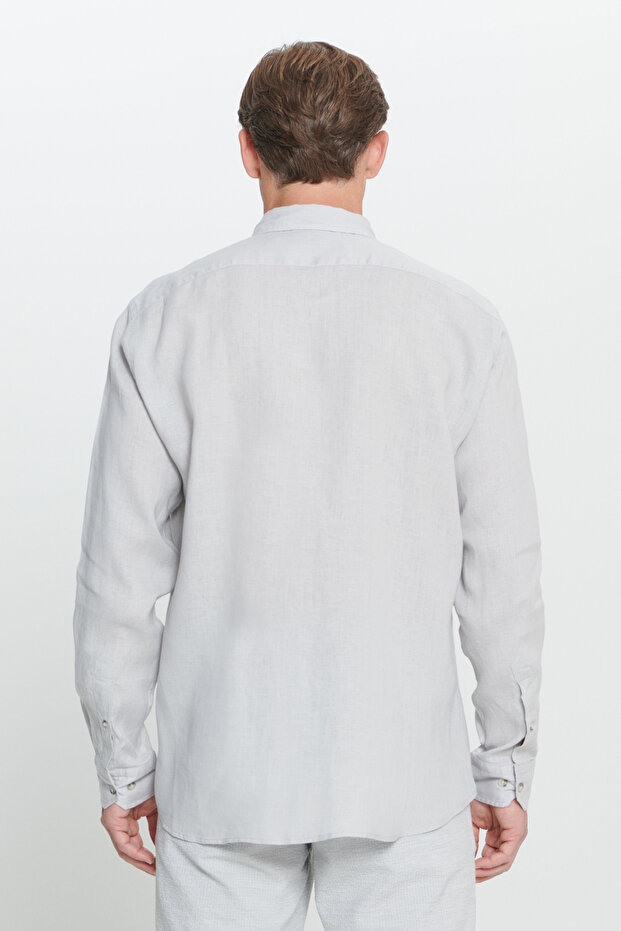 Erkek Gri Comfort Fit Rahat Kesim %100 Keten Düğmeli Yaka Gömlek - 6