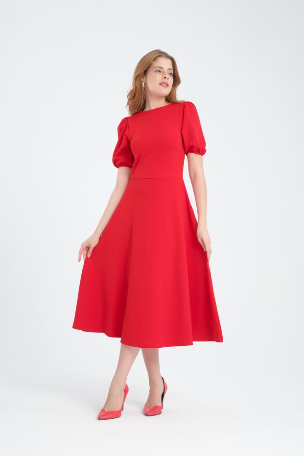Women's Back Zippered Watermelon Sleeve Midi Length Crepe Dress