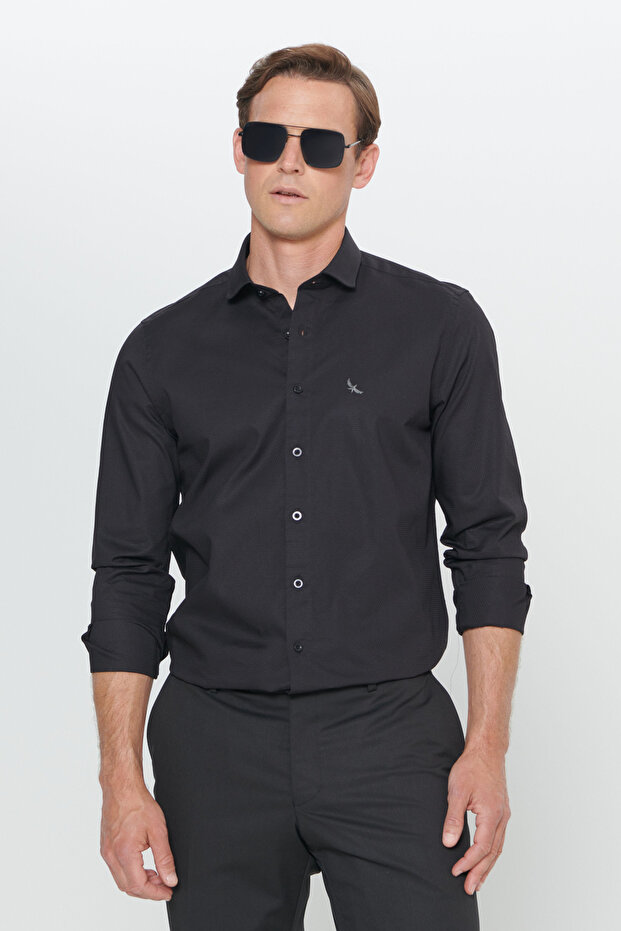 Erkek Siyah Slim Fit Dar Kesim Küçük İtalyan Yaka Armürlü Gömlek - 1