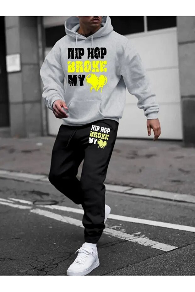 Men's Hip Hop Printed Bottom Top Black Gray Hooded Tracksuit Set Oversize Boyfirend