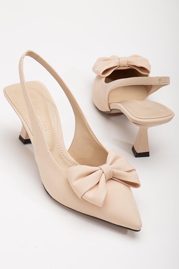 Large Size Bowknot Satin Beige Women's Heeled Shoes
