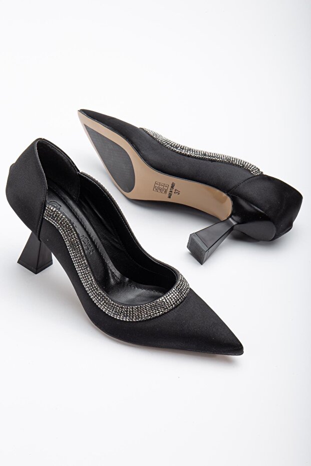 Satin Thick Row Stoned Black Women's Goblet Heel Stiletto