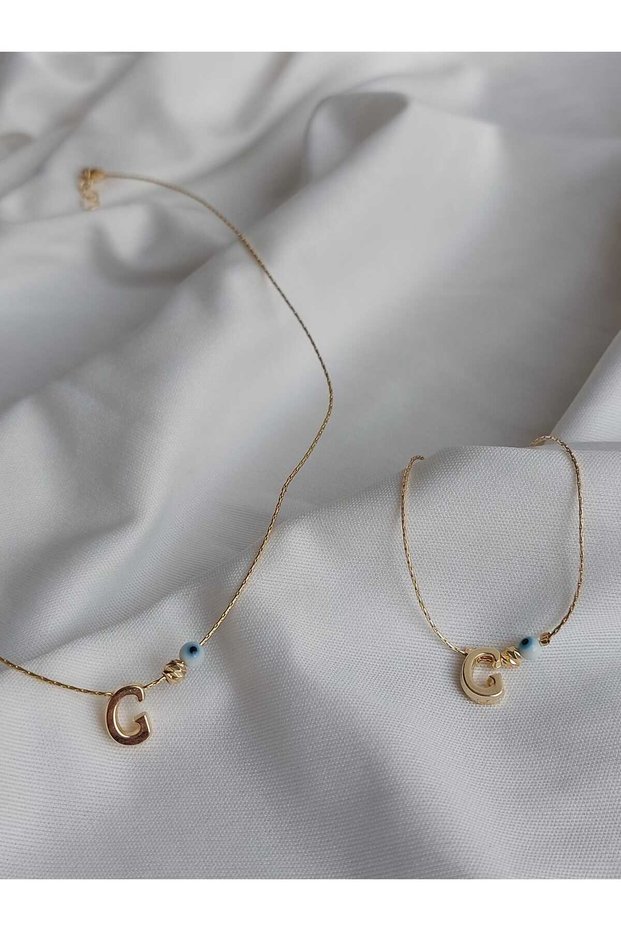 G Letter Evil Eye Bead Detailed Gold Non-Tarnish Coated Necklace & Bracelet Set