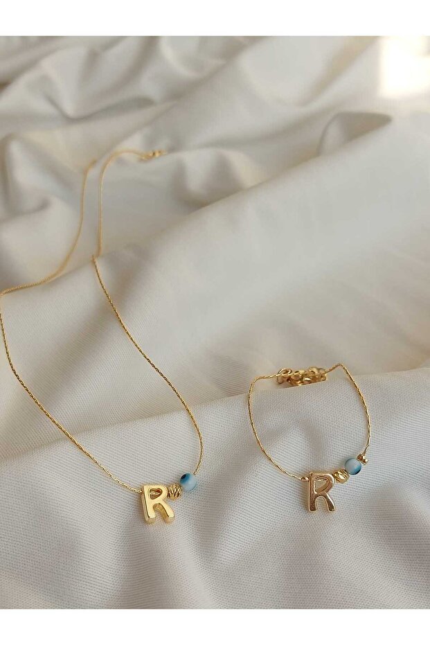 R Letter Evil Eye Bead Detailed Gold Non-Tarnish Coated Necklace & Bracelet Set