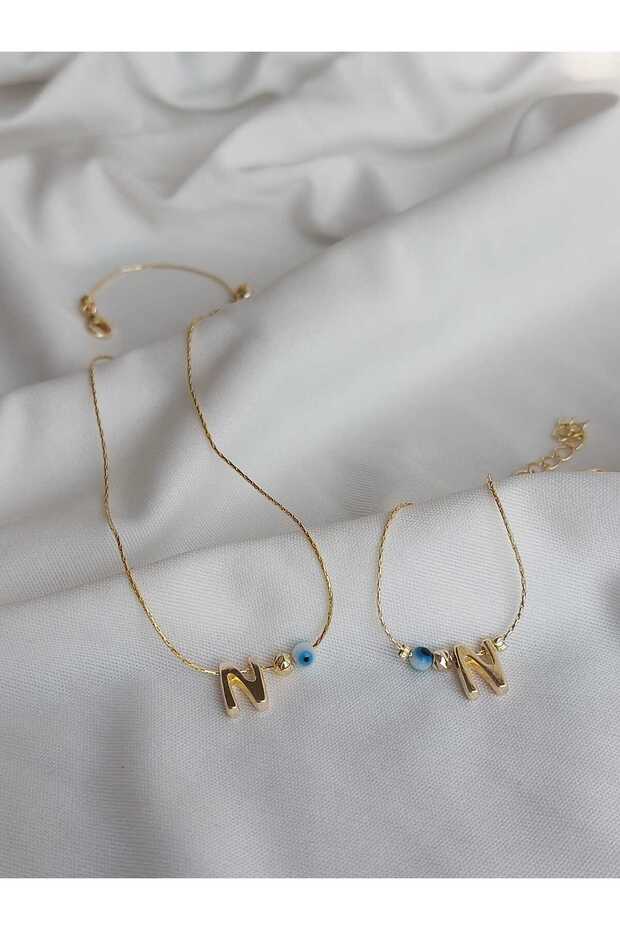 N Letter Evil Eye Bead Detailed Gold Non-Tarnish Coated Necklace & Bracelet Set