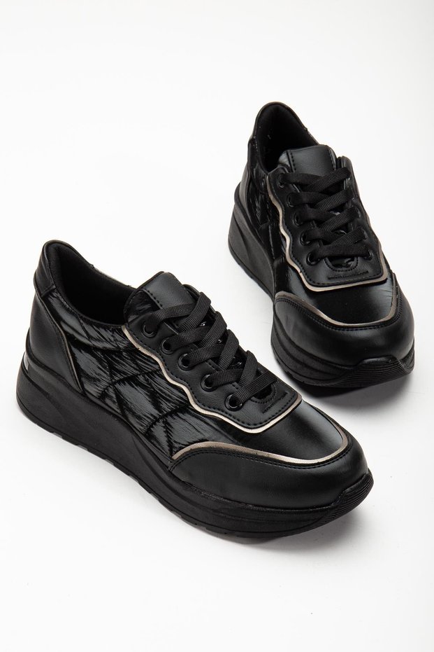 Parachute Material Thick Sole Tied Black Women's Sports Shoes