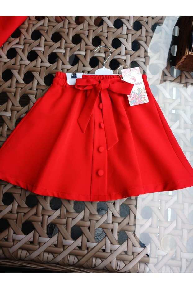 Girls' Red Skirt with Elastic Waist and Button Detail, October 29, April 23, Show, Birthday and Special Occasion Skirt