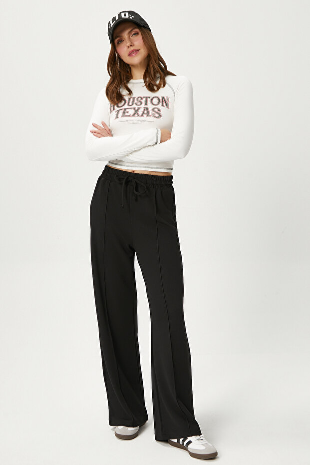 Women's Moment Laced Lycra Black Palazzo Trousers with Elastic Waist