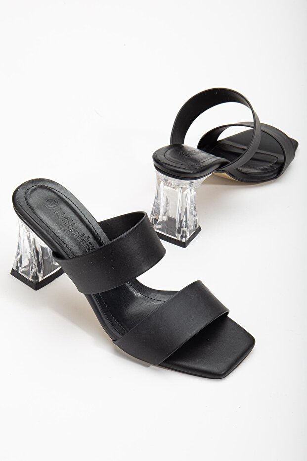 Black Women's Transparent Heeled Slippers with Two Straps
