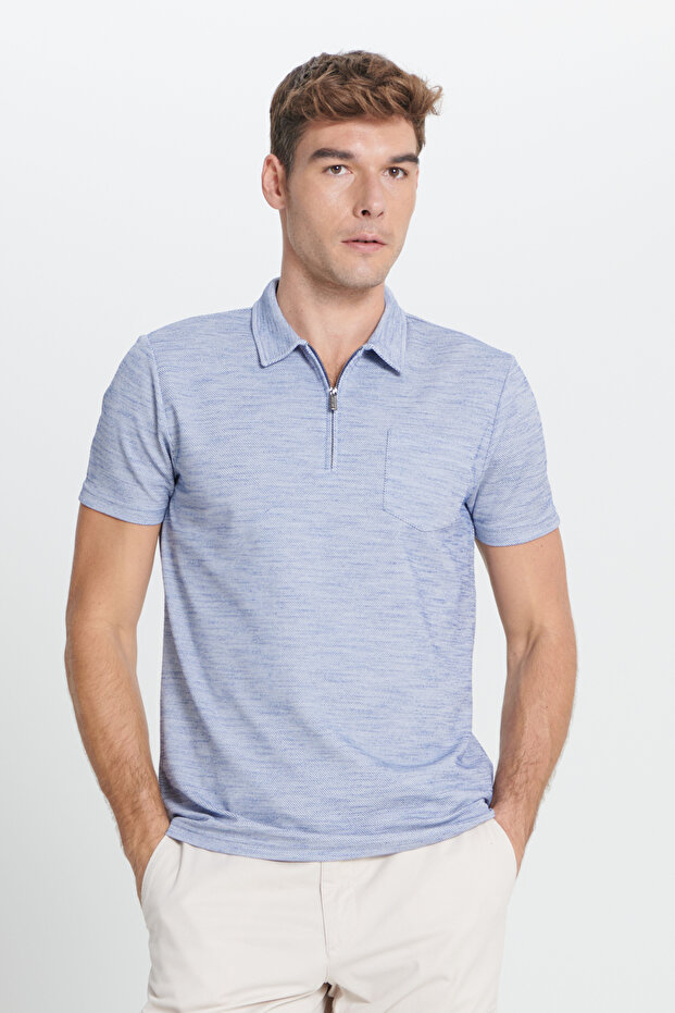 Erkek Lacivert Slim Fit Dar Kesim Polo Yaka Çizgili Tişört - 4