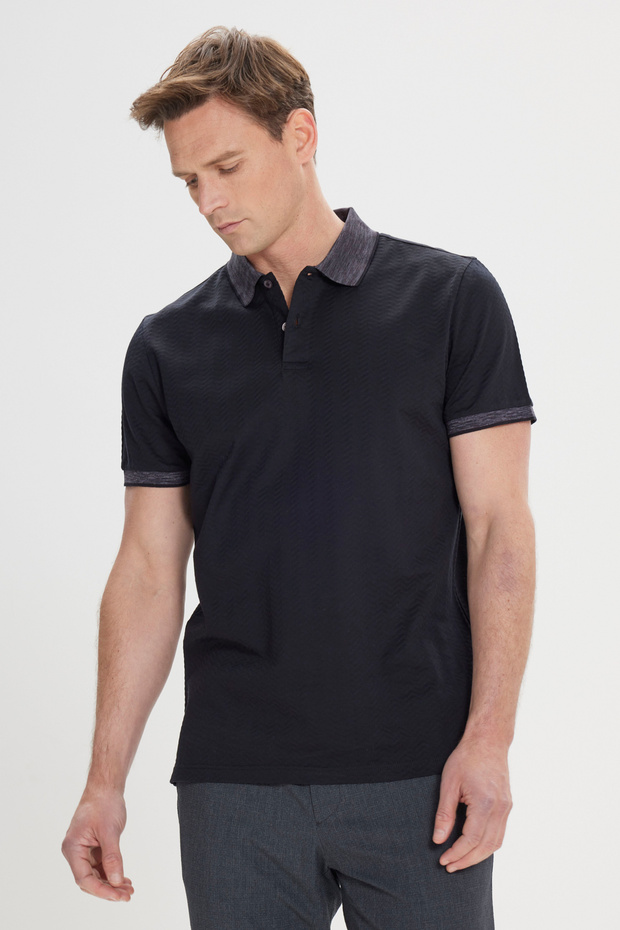 Men's Black-Anthracite Slim Fit Slim Fit 100% Cotton Jacquard Polo Collar T-Shirt