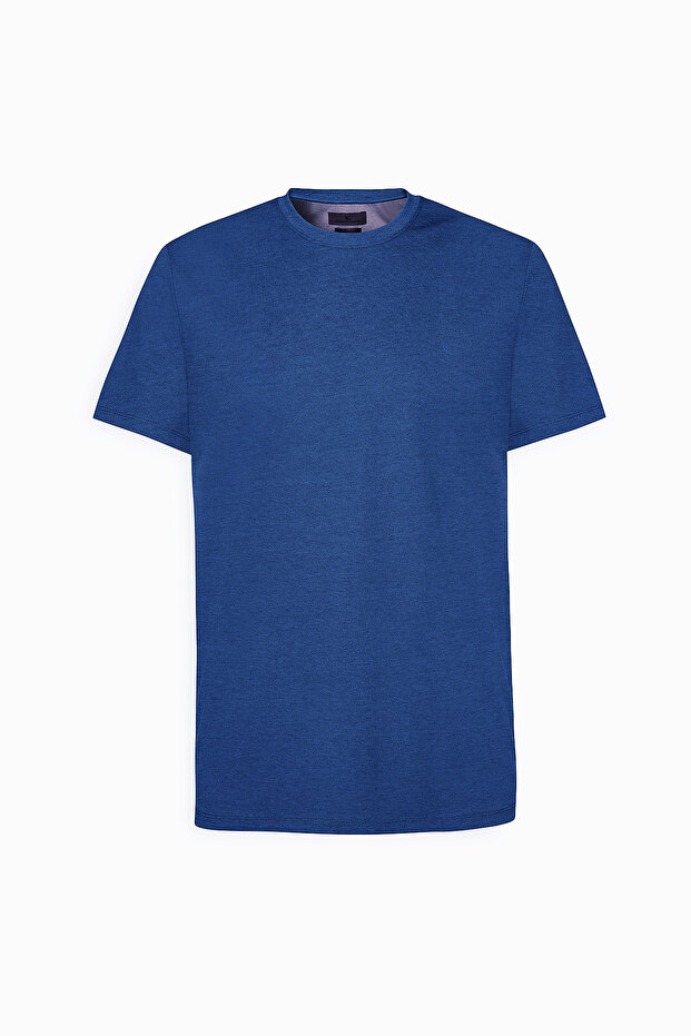 Erkek Lacivert Slim Fit Dar Kesim Bisiklet Yaka Pamuklu Tişört - 5
