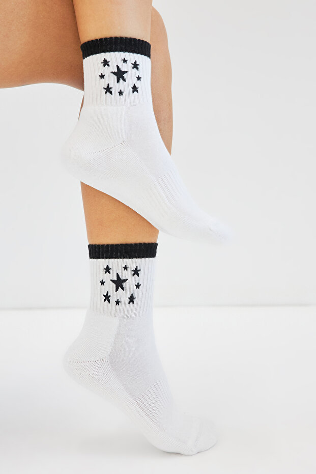 Women's Star Patterned Base Towel Tennis Socks 3-Piece White Premium Socks
