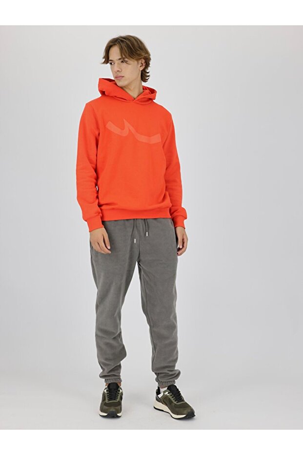Logolu Kapüşonlu Turuncu Sweatshırt - 1