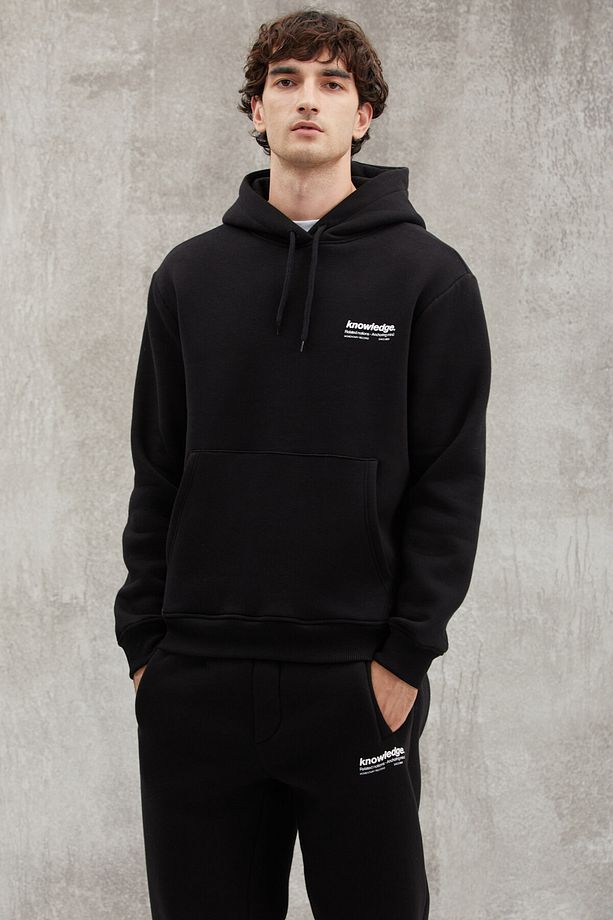 Bryaner Erkek Yumuşacık Içi Polarlı Baskılı Regular Kordonlu Siyah Sweatshirt - 5